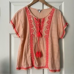 Vineyard Vines Pink Peasant Embroidered Top with Tassels